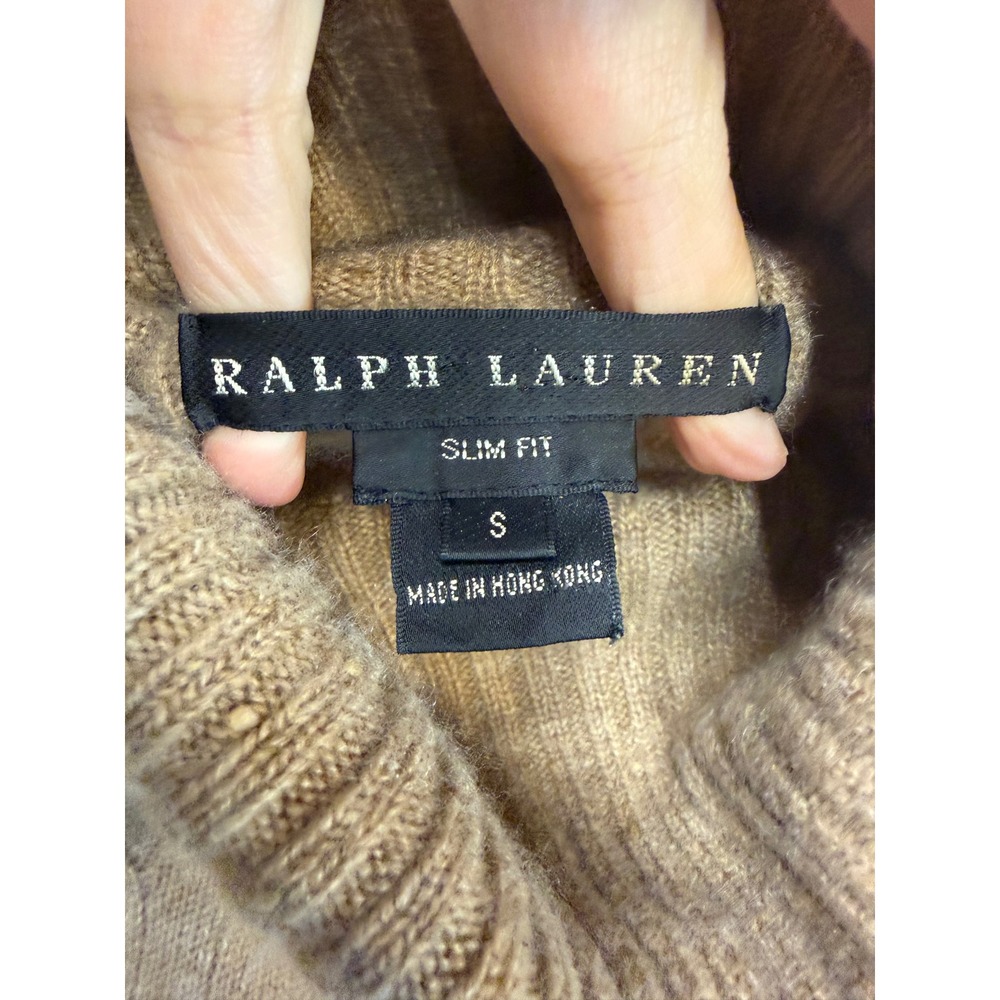 Ralph Lauren Slim Fit 100% Cashmere Cable Knit Turtleneck Sweater Taupe S - Picture 2 of 11